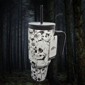Hydrapeak Voyager 40oz Skulls & Flowers Black White Stainless Steel Tumbler NWT*